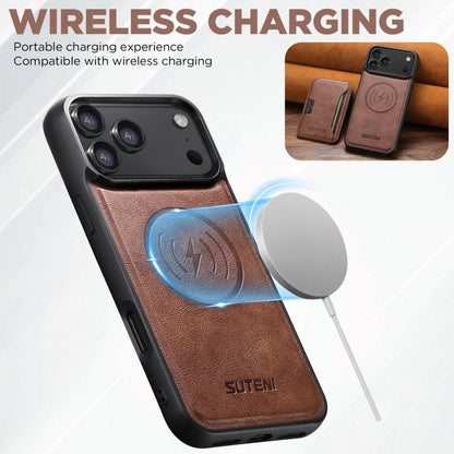 For iPhone 17 Suteni M3 Card Bag MagSafe Cowhide Texture Leather Phone Case(Brown) by Suteni
