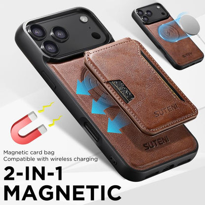 For iPhone 17 Suteni M3 Card Bag MagSafe Cowhide Texture Leather Phone Case(Brown) by Suteni