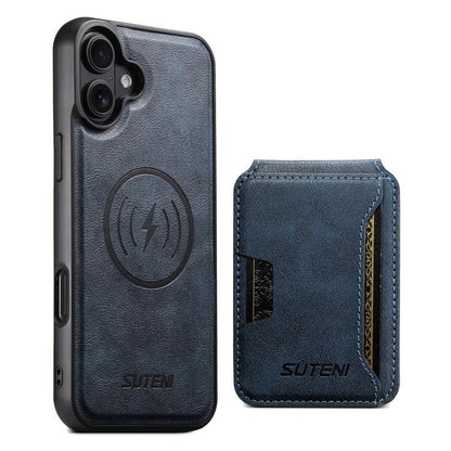 For iPhone 17 Suteni M3 Card Bag MagSafe Cowhide Texture Leather Phone Case(Blue) by Suteni