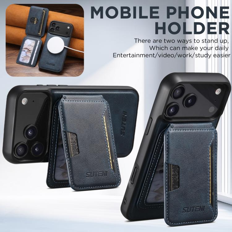 For iPhone 17 Suteni M3 Card Bag MagSafe Cowhide Texture Leather Phone Case(Blue) by Suteni