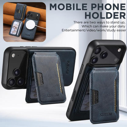 For iPhone Air Suteni M3 Card Bag MagSafe Cowhide Texture Leather Phone Case(Blue) by Suteni