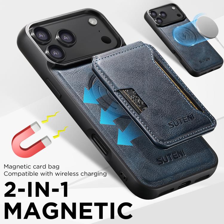 For iPhone Air Suteni M3 Card Bag MagSafe Cowhide Texture Leather Phone Case(Blue) by Suteni