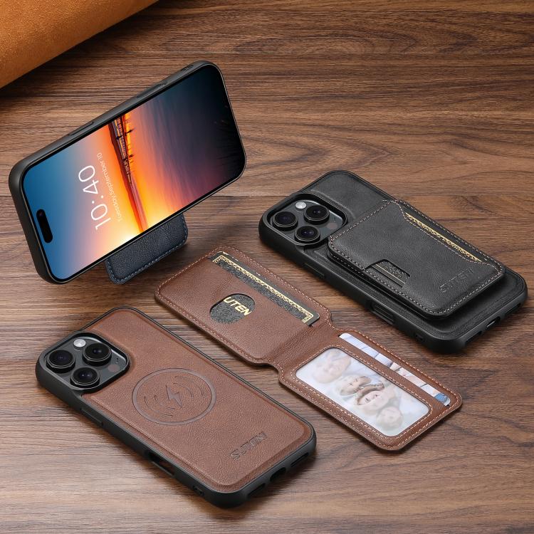 For iPhone 16 Pro Max Suteni M3 Card Bag MagSafe Cowhide Texture Leather Phone Case(Black) by Suteni