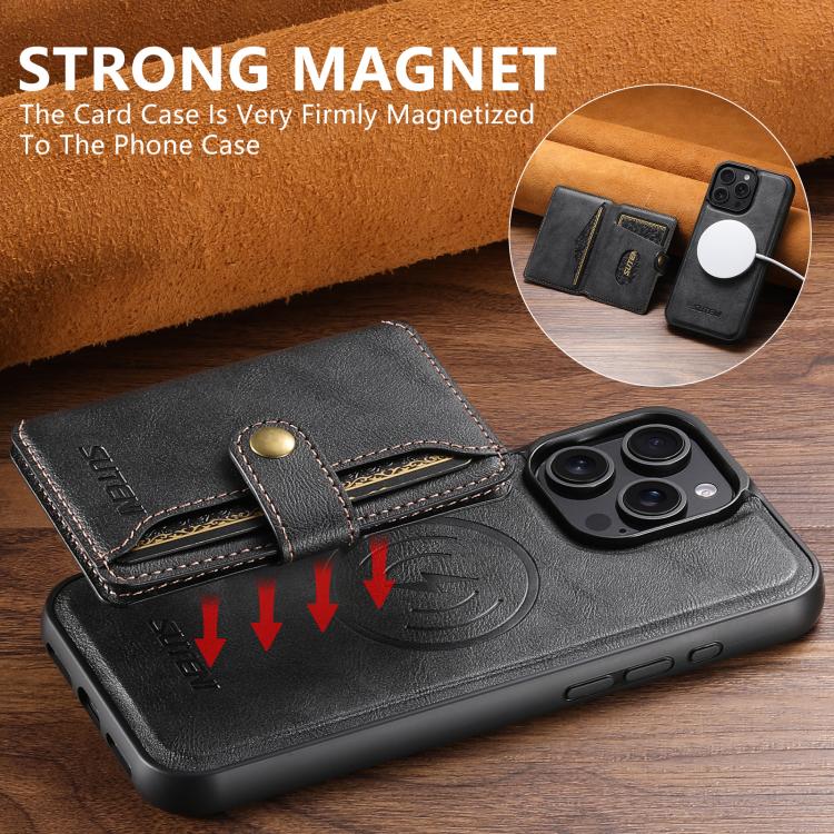 For iPhone 16 Pro Max Suteni M4 Magnetic Card Bag MagSafe Leather Phone Case(Black) by Suteni
