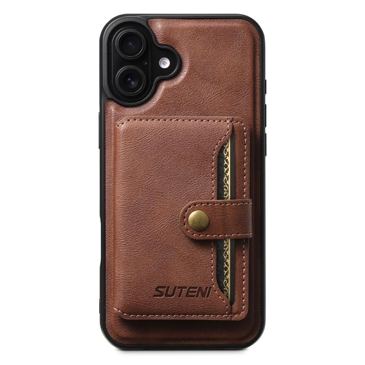 For iPhone 16 Suteni M4 Magnetic Card Bag MagSafe Leather Phone Case(Brown) by Suteni