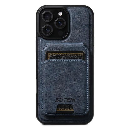 For iPhone 16 Pro Suteni M5 Magnetic Card Bag MagSafe Leather Phone Case(Blue) by Suteni