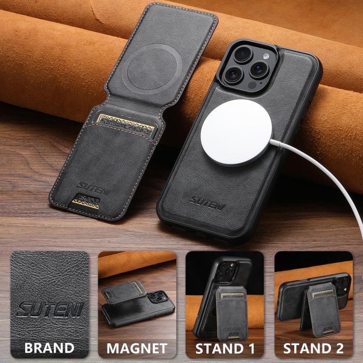 For iPhone 16 Plus Suteni M5 Magnetic Card Bag MagSafe Leather Phone Case(Black) by Suteni