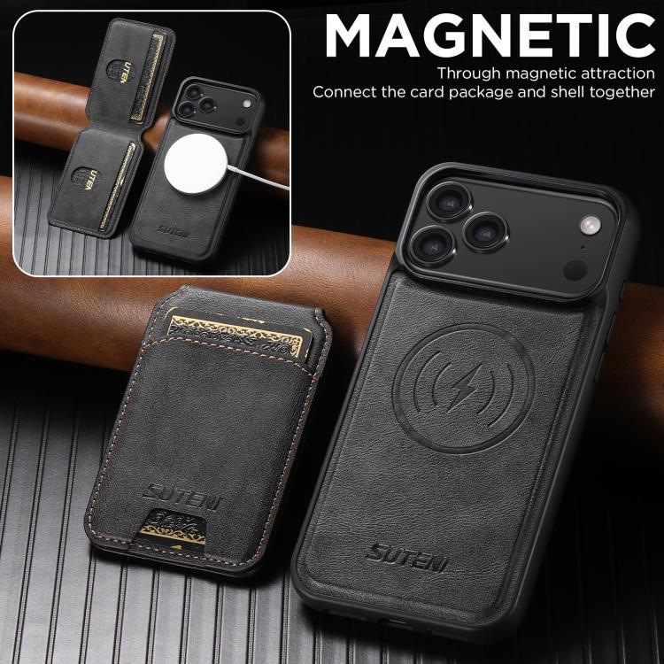 For iPhone 17 Suteni M5 Magnetic Card Bag MagSafe Leather Phone Case(Black) by Suteni