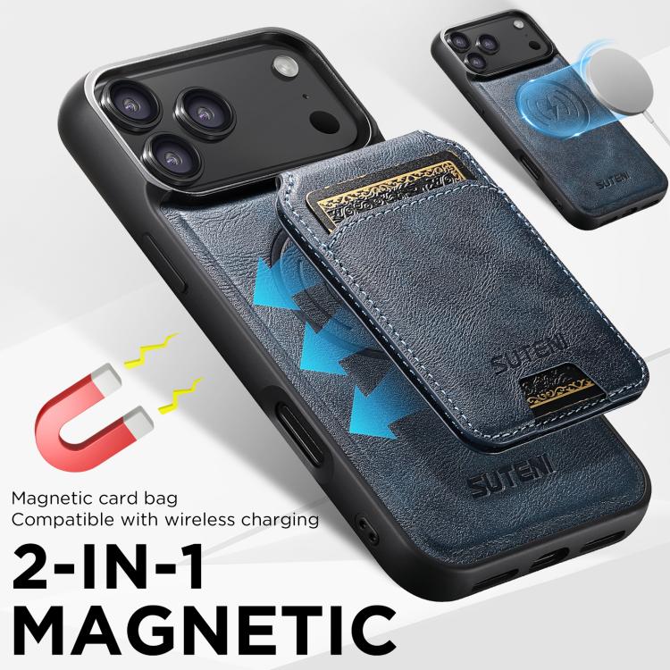 For iPhone 17 Suteni M5 Magnetic Card Bag MagSafe Leather Phone Case(Blue) by Suteni