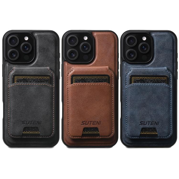 For iPhone 16 Plus Suteni M5 Magnetic Card Bag MagSafe Leather Phone Case(Black) by Suteni