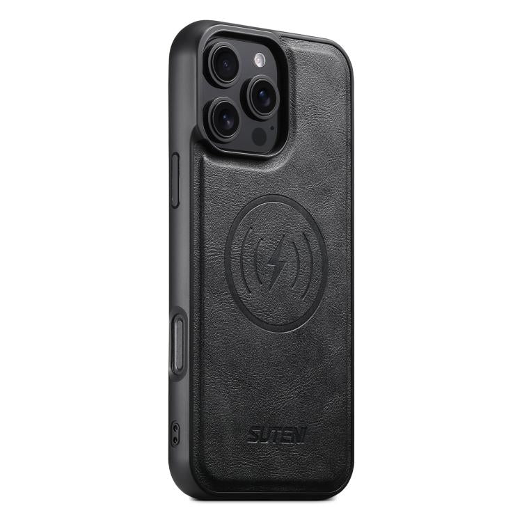 For iPhone 16 Pro Suteni G5 Cowhide Leather MagSafe Magnetic Phone Case(Black) by Suteni