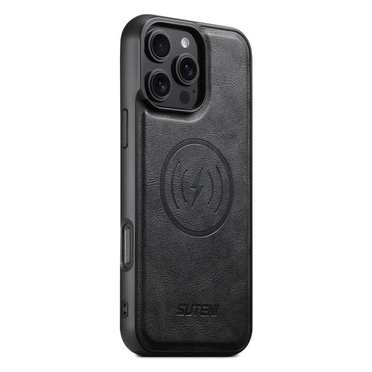 For iPhone 16 Pro Suteni G5 Cowhide Leather MagSafe Magnetic Phone Case(Black) by Suteni