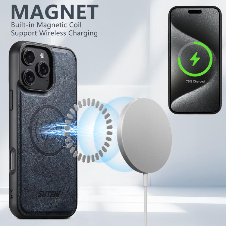 For iPhone 16 Suteni G5 Cowhide Leather MagSafe Magnetic Phone Case(Blue) by Suteni