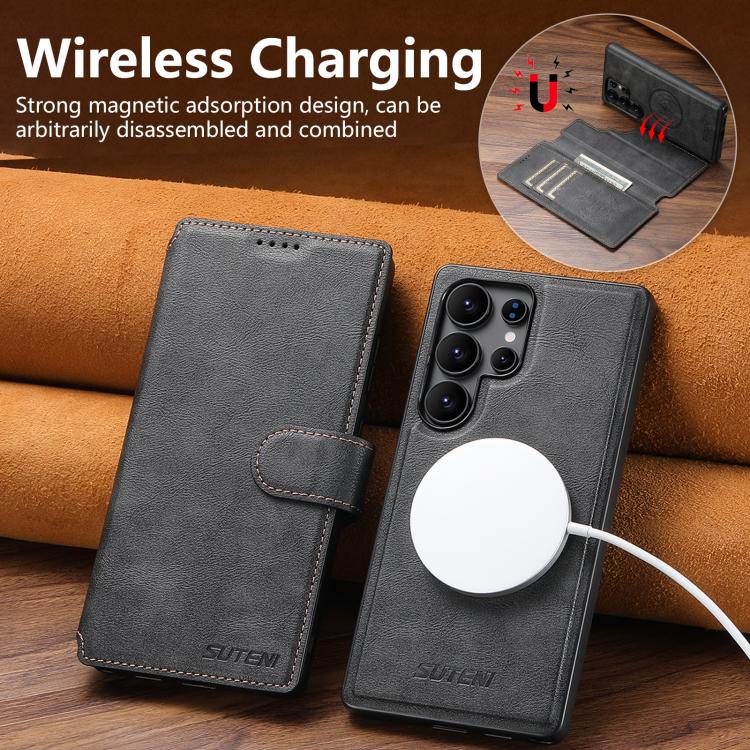 For Samsung Galaxy S25 Ultra 5G Suteni Q05 2-in-1 Multi-function Detachable Wallet MagSafe Phone Case(Black) by Suteni