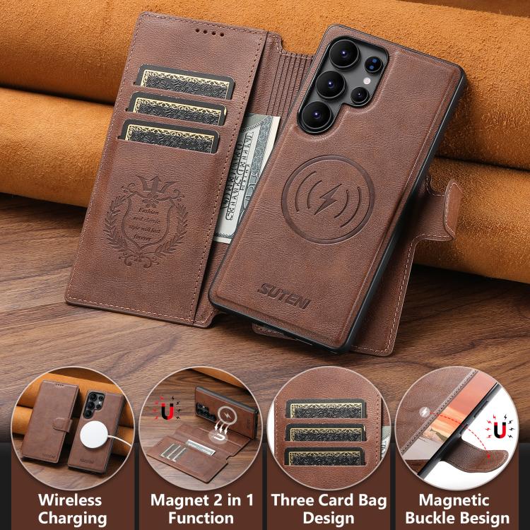 For Samsung Galaxy S23 Ultra 5G Suteni Q05 2-in-1 Multi-function Detachable Wallet MagSafe Phone Case(Brown) by Suteni
