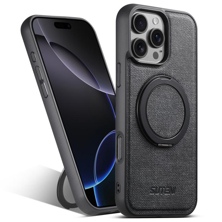 For iPhone 16 Pro Max Suteni G3 360 Rotation Holder MagSafe Denim Leather Back Phone Case(Black) by Suteni
