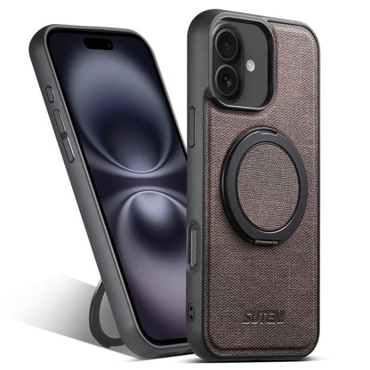 For iPhone 16 Plus Suteni G3 360 Rotation Holder MagSafe Denim Leather Back Phone Case(Brown) by Suteni