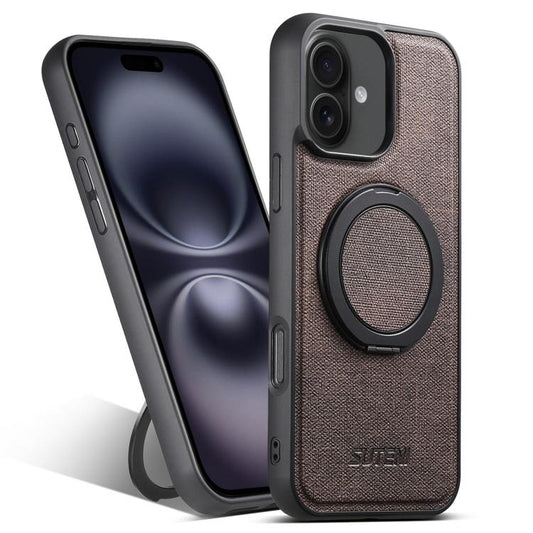 For iPhone 16 Suteni G3 360 Rotation Holder MagSafe Denim Leather Back Phone Case(Brown) by Suteni