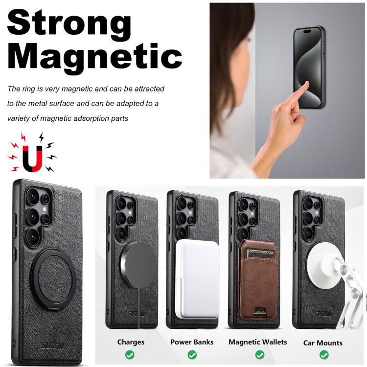 For Samsung Galaxy S22 Ultra 5G Suteni G3 Oil Wax 360 Rotation Holder MagSafe Back Phone Case(Black) by Suteni
