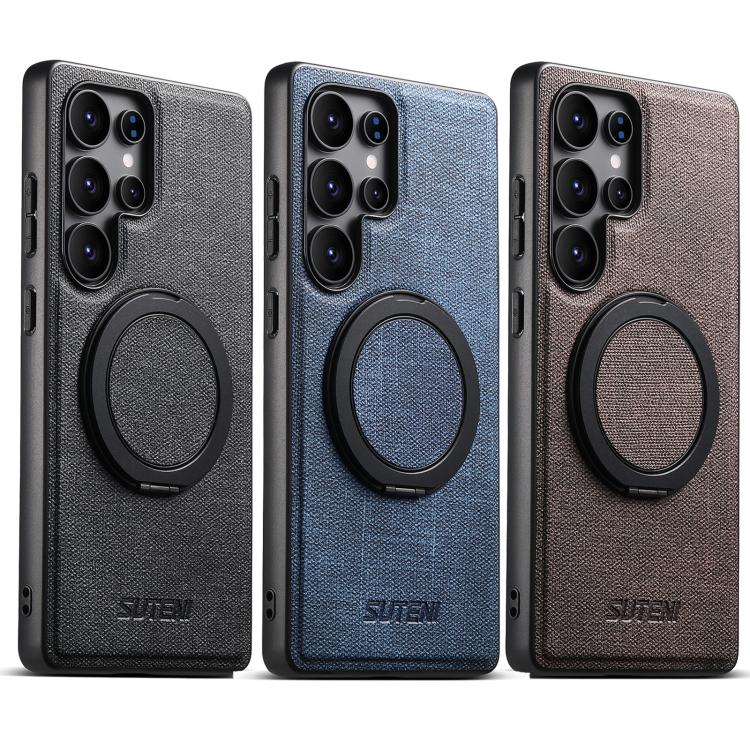 For Samsung Galaxy S22 Ultra 5G Suteni G3 Oil Wax 360 Rotation Holder MagSafe Back Phone Case(Black) by Suteni