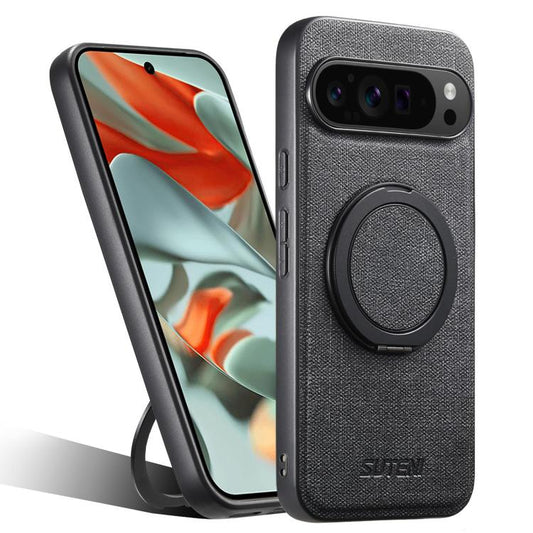 For Google Pixel 9 Pro XL Suteni G3 360 Rotation Holder MagSafe Denim Leather Back Phone Case(Black) by Suteni