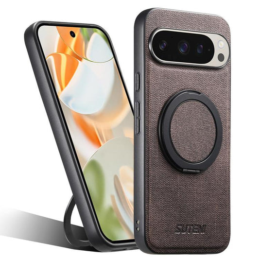 For Google Pixel 9 Pro Suteni G3 360 Rotation Holder MagSafe Denim Leather Back Phone Case(Brown) by Suteni