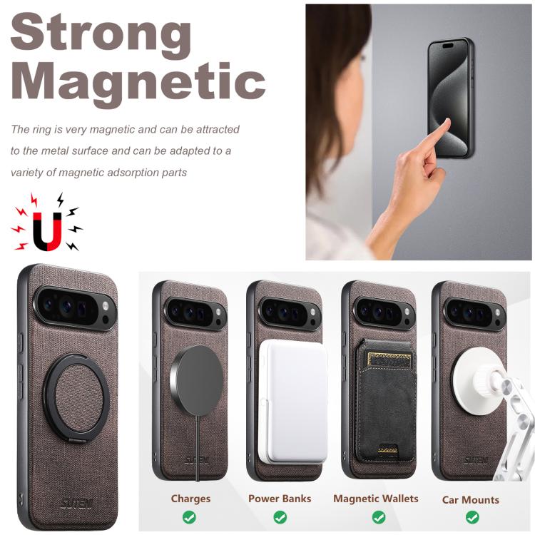 For Google Pixel 8a Suteni G3 360 Rotation Holder MagSafe Denim Leather Back Phone Case(Brown) by Suteni