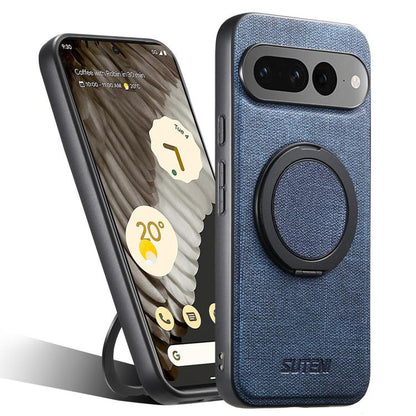 For Google Pixel 7 Pro Suteni G3 360 Rotation Holder MagSafe Denim Leather Back Phone Case(Blue) by Suteni