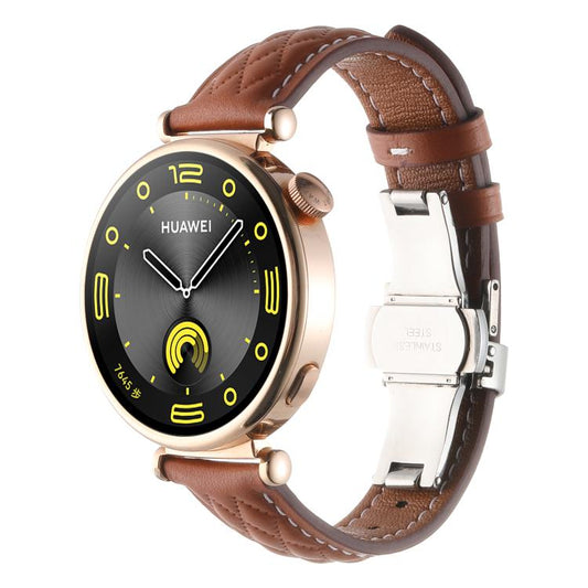 18mm Diamond Pattern Butterfly Buckle Genuine Leather Watch Band(Brown) by bashfashion