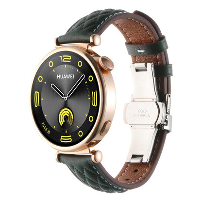 18mm Diamond Pattern Butterfly Buckle Genuine Leather Watch Band(Dark Green) by bashfashion