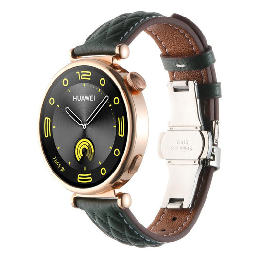 18mm Diamond Pattern Butterfly Buckle Genuine Leather Watch Band(Dark Green) by bashfashion