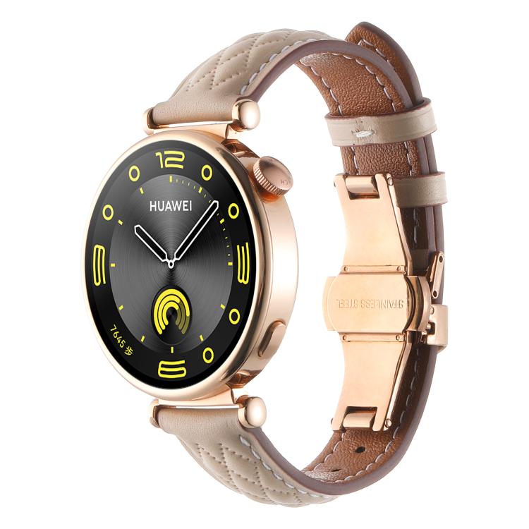 18mm Diamond Pattern Butterfly Buckle Genuine Leather Watch Band(Apricot) by bashfashion