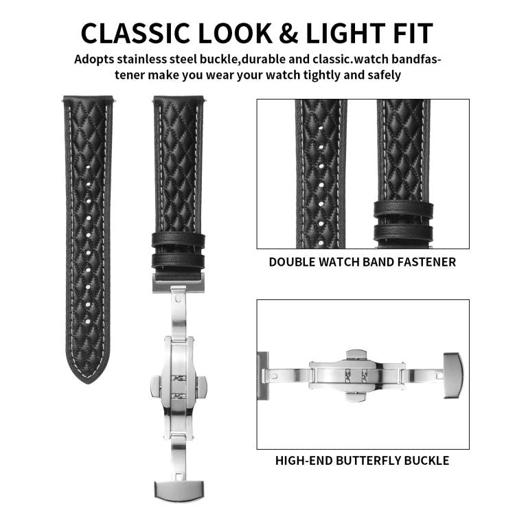 18mm Diamond Pattern Butterfly Buckle Genuine Leather Watch Band(Dark Green) by bashfashion