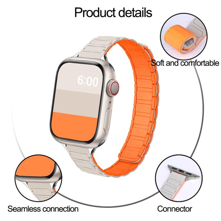For Apple Watch 46mm / 49mm / 45mm / 44mm Tri-beads I-shaped Slim Magnetic Silicone Watch Band(Starlight with Orange) by bashfashion