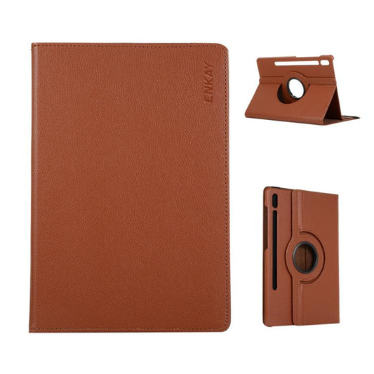 For Samsung Galaxy Tab S10 Ultra / S9 Ultra ENKAY 360 Degree Rotation Litchi Leather Smart Tablet Case(Brown) by ENKAY