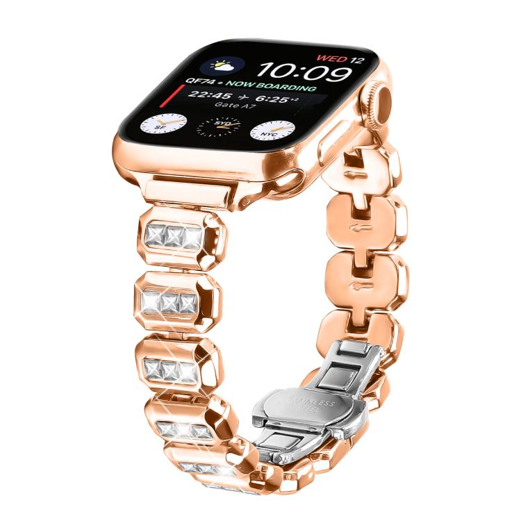 For Apple Watch 42mm / 41mm / 40mm / 38mm Small Square Diamonds Butterfly Buckle Watch Band(Rose Gold) by bashfashion