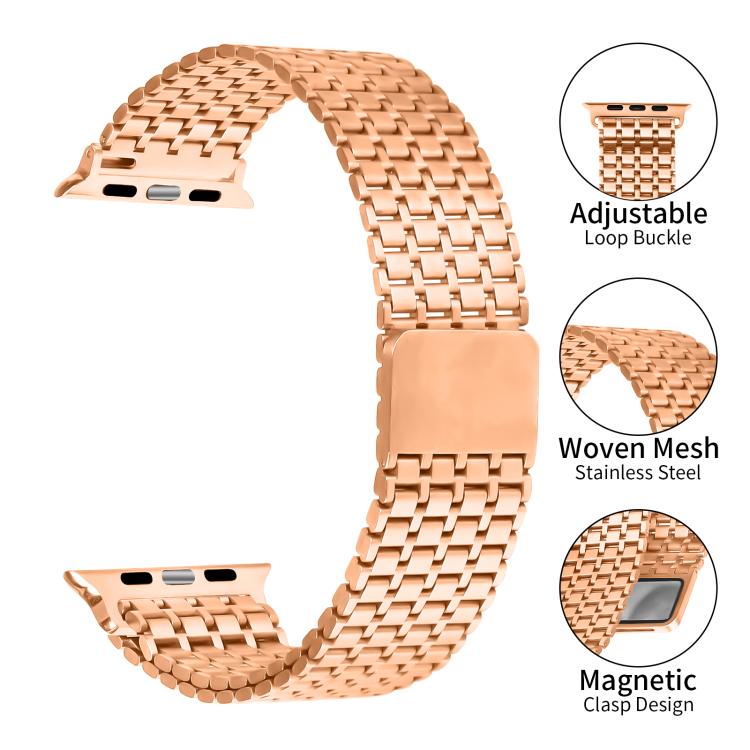 For Apple Watch 46mm / 49mm / 45mm / 44mm Nine-Bead Magnetic Loop Steel Watch Band(Rose Gold) by bashfashion