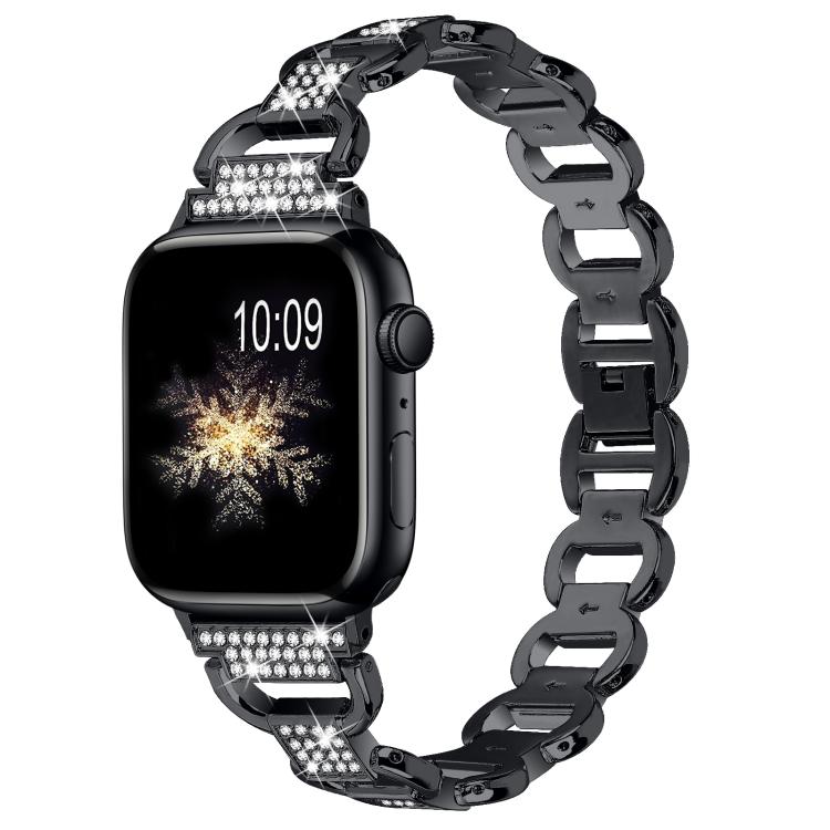 For Apple Watch 42mm / 41mm / 40mm / 38mm Oval Diamonds Steel Watch Band(Black) by bashfashion