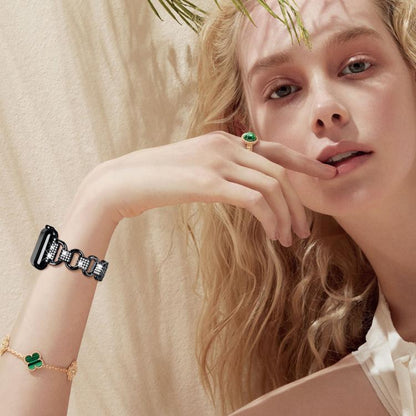 For Apple Watch 42mm / 41mm / 40mm / 38mm Oval Diamonds Steel Watch Band(Black) by bashfashion