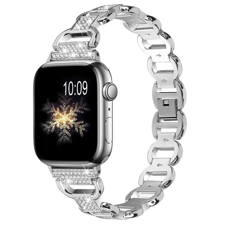 For Apple Watch 46mm / 49mm / 45mm / 44mm Oval Diamonds Steel Watch Band(Silver) by bashfashion