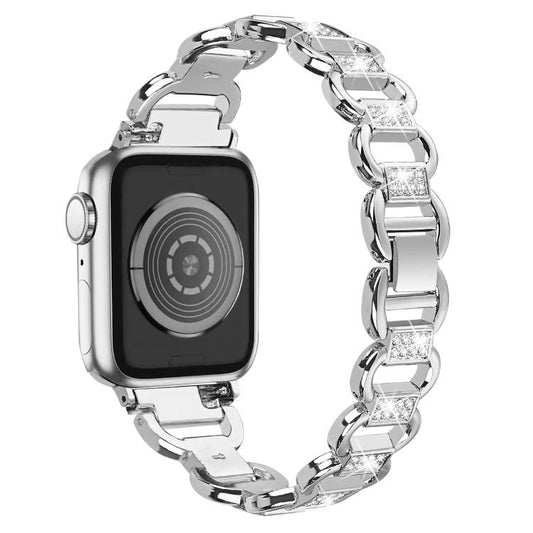For Apple Watch 46mm / 49mm / 45mm / 44mm Oval Diamonds Steel Watch Band(Silver) by bashfashion