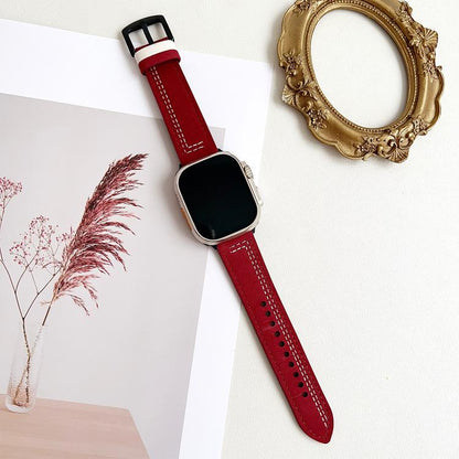 For Apple Watch 46mm / 49mm / 45mm / 44mm 7-Line Tri-Star Buckle Pull Up Leather Watch Band(Burgundy White Thread) by bashfashion