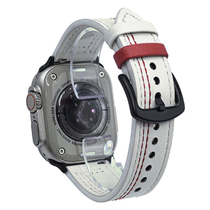 For Apple Watch 46mm / 49mm / 45mm / 44mm 7-Line Tri-Star Buckle Pull Up Leather Watch Band(Beige Red Thread) by bashfashion