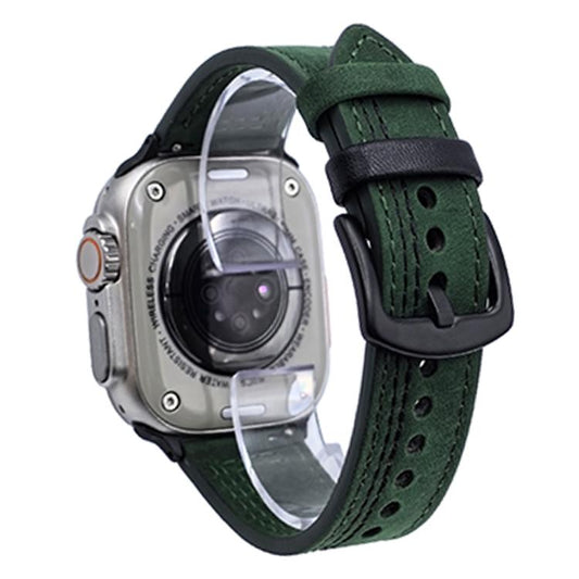 For Apple Watch 46mm / 49mm / 45mm / 44mm 7-Line Tri-Star Buckle Pull Up Leather Watch Band(Crazy Horse Green Black Thread) by bashfashion