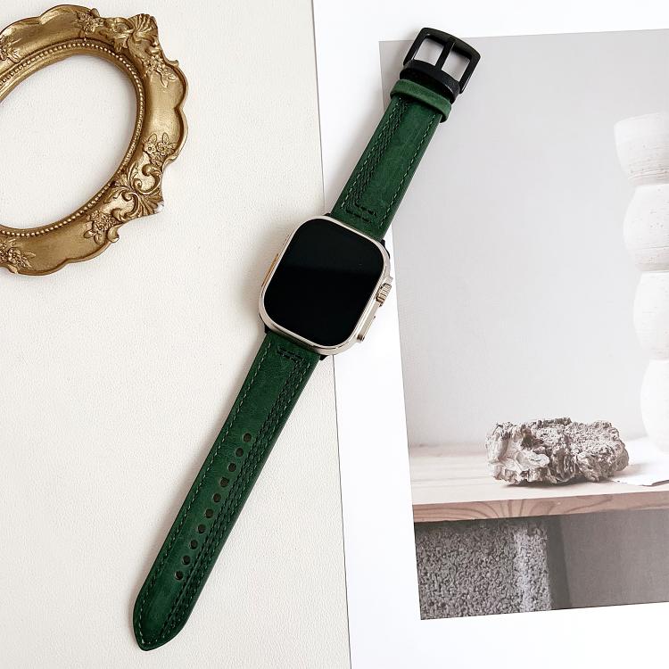 For Apple Watch 46mm / 49mm / 45mm / 44mm 7-Line Tri-Star Buckle Pull Up Leather Watch Band(Crazy Horse Green Black Thread) by bashfashion