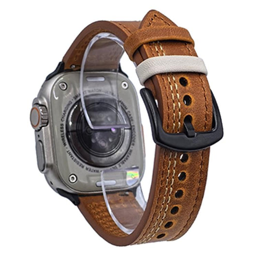 For Apple Watch 46mm / 49mm / 45mm / 44mm 7-Line Tri-Star Buckle Pull Up Leather Watch Band(Crazy Horse Yellow Brown White Thread) by bashfashion