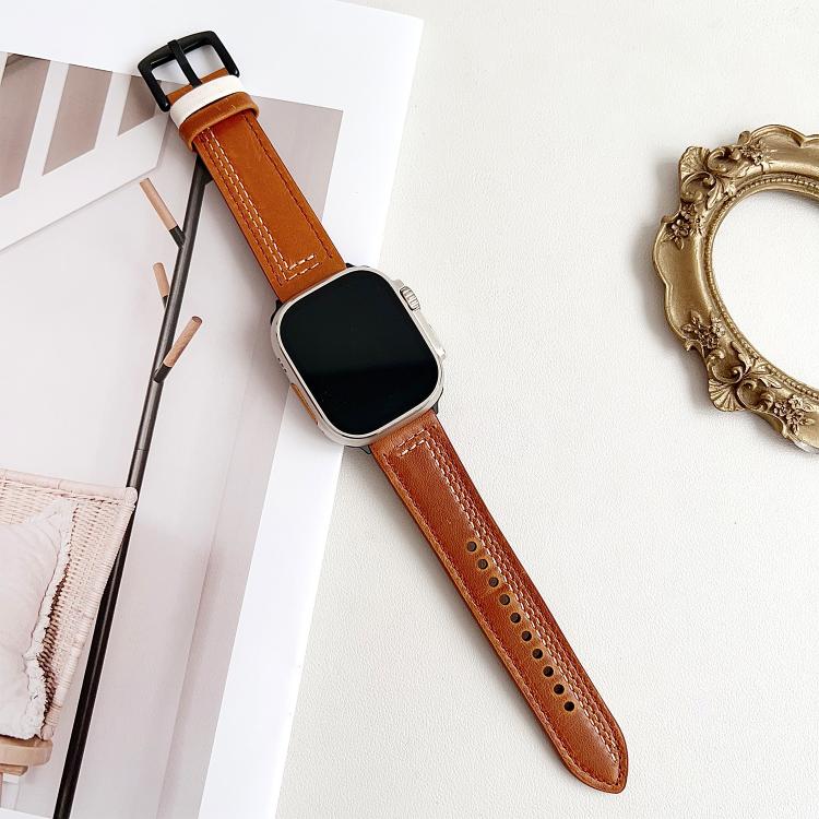 For Apple Watch 46mm / 49mm / 45mm / 44mm 7-Line Tri-Star Buckle Pull Up Leather Watch Band(Crazy Horse Yellow Brown White Thread) by bashfashion