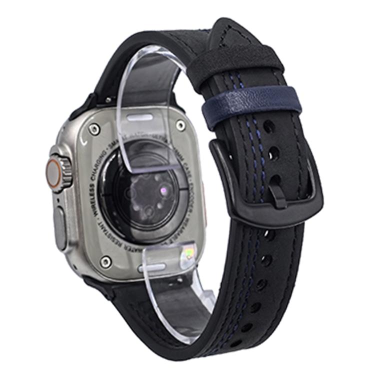 For Apple Watch 46mm / 49mm / 45mm / 44mm 7-Line Tri-Star Buckle Pull Up Leather Watch Band(Black Blue Thread) by bashfashion
