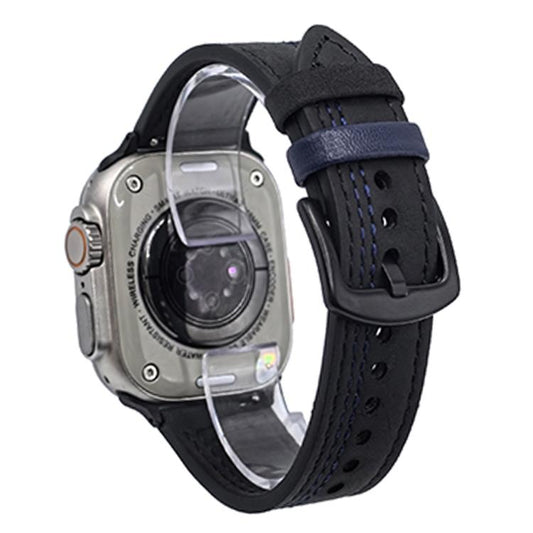 For Apple Watch 46mm / 49mm / 45mm / 44mm 7-Line Tri-Star Buckle Pull Up Leather Watch Band(Black Blue Thread) by bashfashion