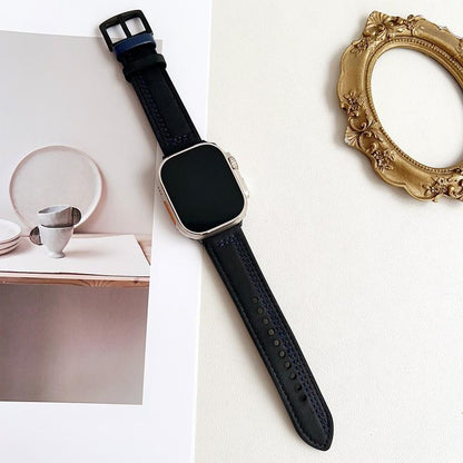 For Apple Watch 46mm / 49mm / 45mm / 44mm 7-Line Tri-Star Buckle Pull Up Leather Watch Band(Black Blue Thread) by bashfashion